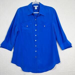 Soft Surroundings Blue Silk Button Up Tunic Blouse Size Petite Large 3/4 Sleeve